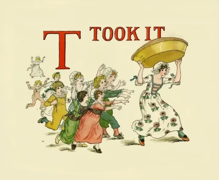 Framed Print : T Took it. From A Apple Pie the iconic picture book by Kate Greenaway Date: 1886 Framed Print : T Took it. From A Apple Pie the iconic picture book by Kate Greenaway Date: 1886