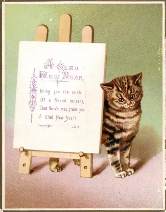 Framed Print : Tabby cat on a New Year card Framed Print : Tabby cat on a New Year card
