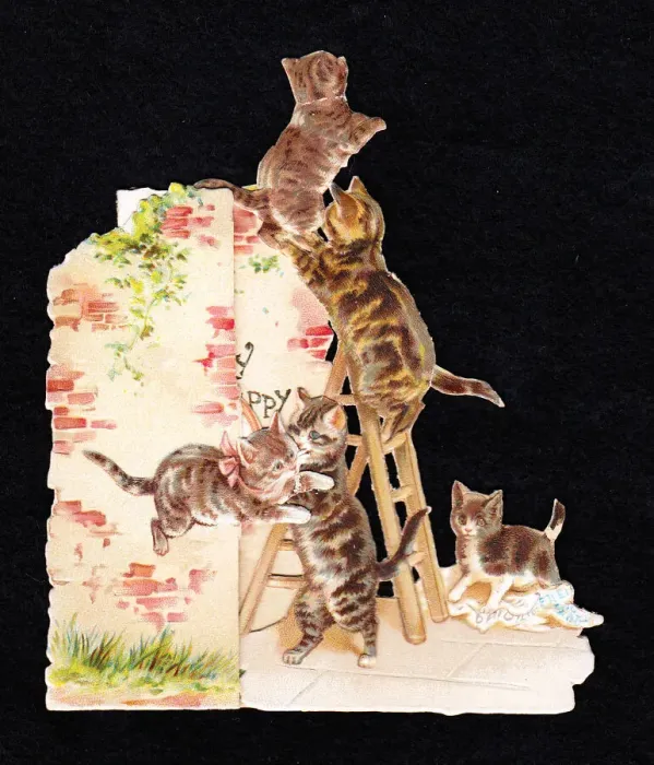 Framed Print : Tabby cats and kittens on a cutout greetings card Framed Print : Tabby cats and kittens on a cutout greetings card