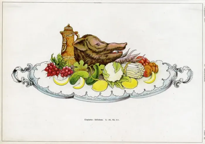 Framed Print : Table display -- boars head with vegetables Framed Print : Table display -- boars head with vegetables