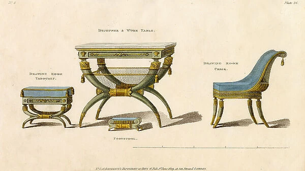A tabouret ; a dejeuner or work table ; a footstool ; and a drawing-room chair - in a classical / exotic style which reflects Napoleon's Egyptian expedition. Date: 1809