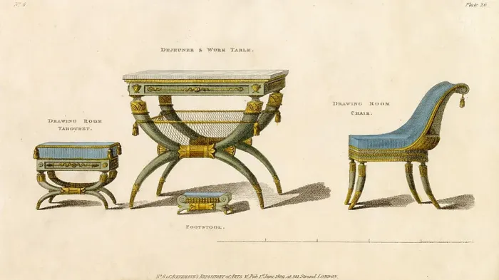 Framed Print : A tabouret ; a dejeuner or work table ; a footstool ; and a drawing-room chair - in a classical / exotic style which reflects Napoleon's Egyptian expedition. Date: 1809 Framed Print : A tabouret ; a dejeuner or work table ; a footstool ; and a drawing-room chair - in a classical / exotic style which reflects Napoleon's Egyptian expedition. Date: 1809