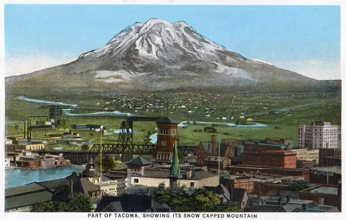 Framed Print : Part of Tacoma, Washington, USA, with snow-capped mountain Date: 1929 Framed Print : Part of Tacoma, Washington, USA, with snow-capped mountain Date: 1929