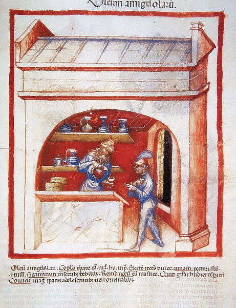 Tacuinum Sanitatis. The apothecary sells almond oil to a man