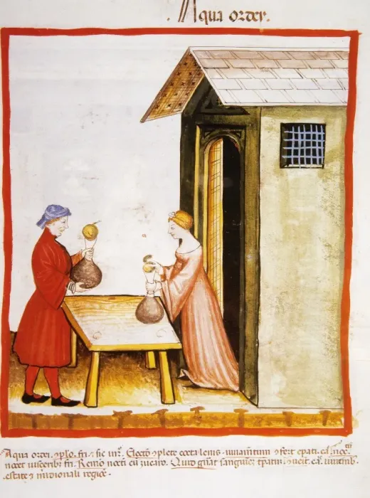 Framed Print : Tacuinum Sanitatis. Late 14th century. Sale of decoction of Framed Print : Tacuinum Sanitatis. Late 14th century. Sale of decoction of