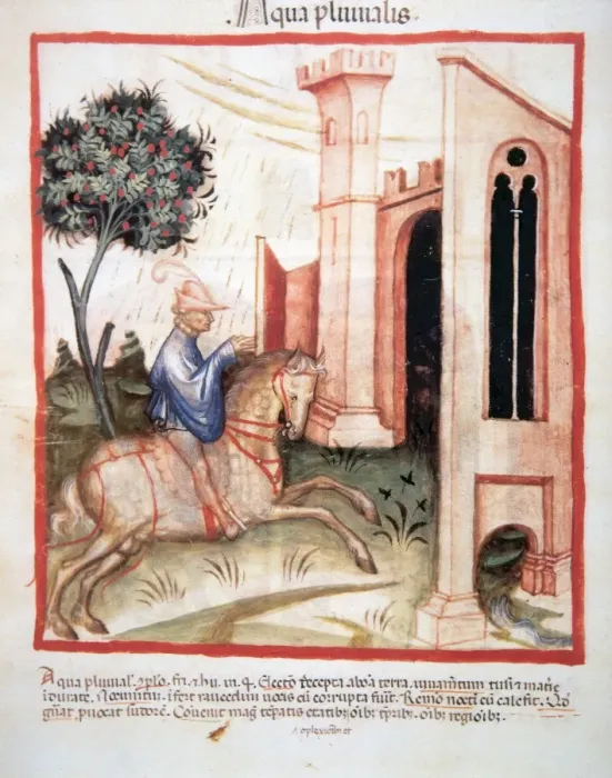 Framed Print : Tacuinum Sanitatis. Man riding in the rain Framed Print : Tacuinum Sanitatis. Man riding in the rain
