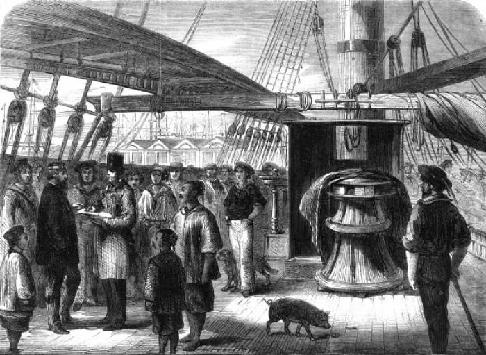 Framed Print : Taking the census on board ship 1861 Framed Print : Taking the census on board ship 1861