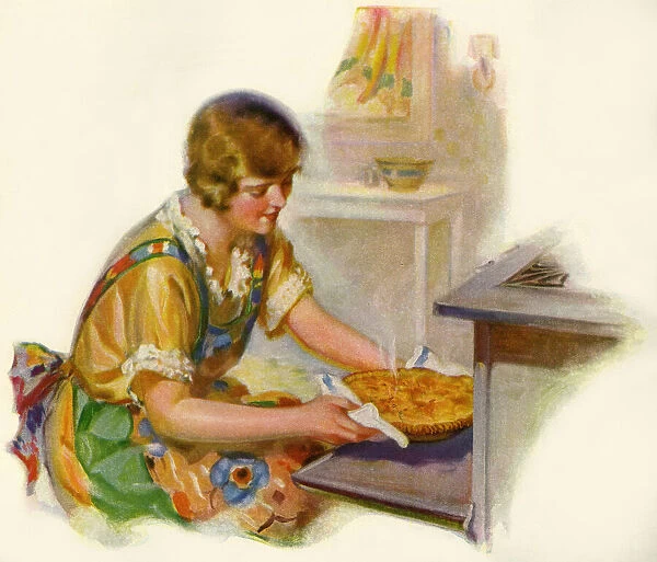 Taking a pie from the oven