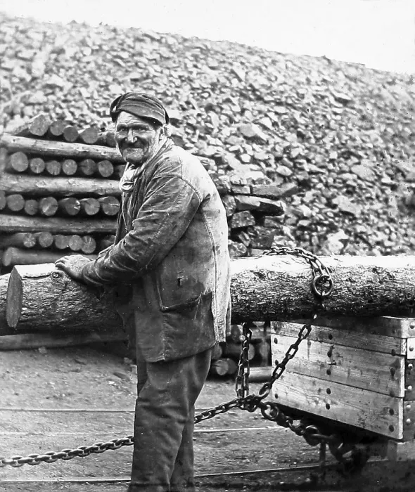 Framed Print : Taking a pit prop into the mine early 1900s Framed Print : Taking a pit prop into the mine early 1900s