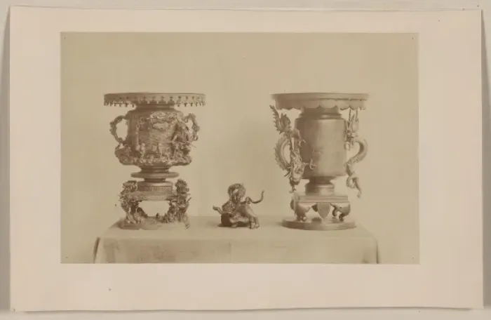 Framed Print : Tall, metal, ornate plant stands and figurine, all with drag Framed Print : Tall, metal, ornate plant stands and figurine, all with drag