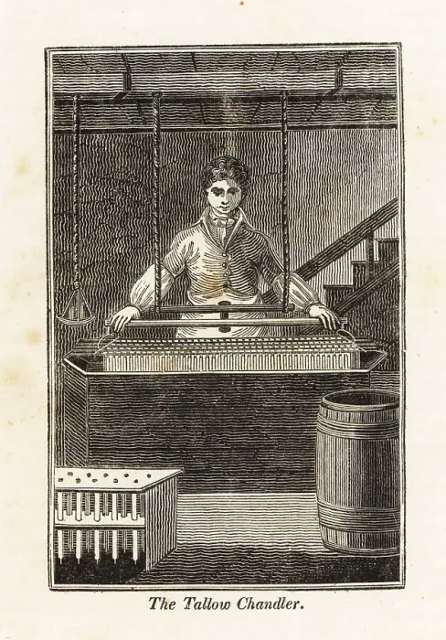 Framed Print : Tallow chandler making candles in a workshop Framed Print : Tallow chandler making candles in a workshop