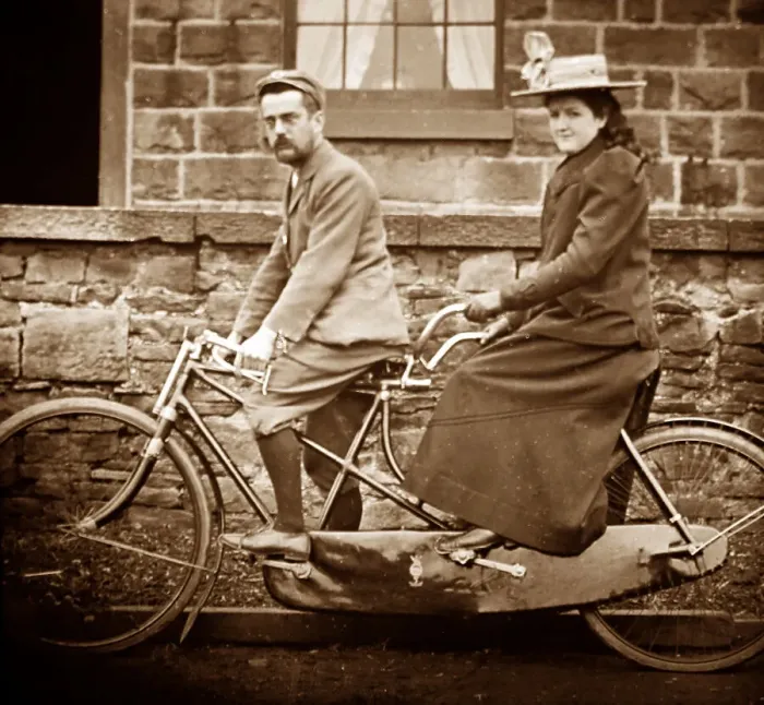 Framed Print : Tandem bicycle - Victorian period Framed Print : Tandem bicycle - Victorian period