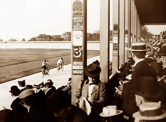 Framed Print : Tandem racing, New Brighton, early 1900s Framed Print : Tandem racing, New Brighton, early 1900s