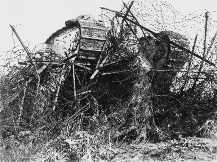 Framed Print : Tank in barbed wire 1917 Framed Print : Tank in barbed wire 1917