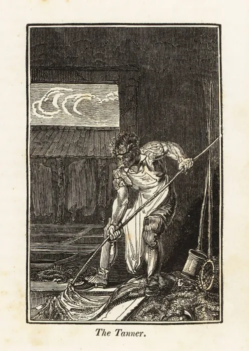 Framed Print : Tanner moving a leather hide in a liming pit in a tannery Framed Print : Tanner moving a leather hide in a liming pit in a tannery