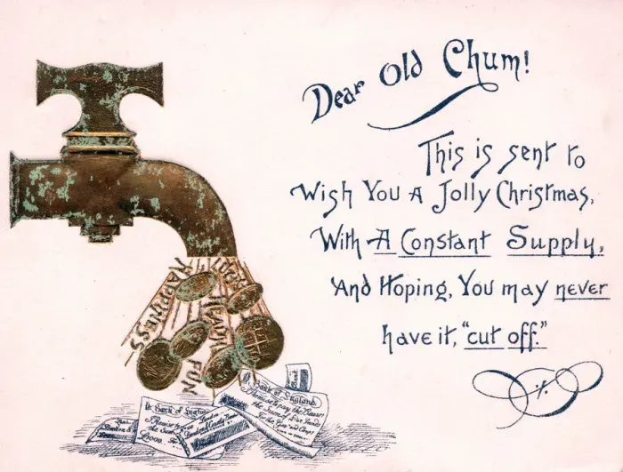 Framed Print : Tap pouring out money with comic verse on a Christmas card Framed Print : Tap pouring out money with comic verse on a Christmas card