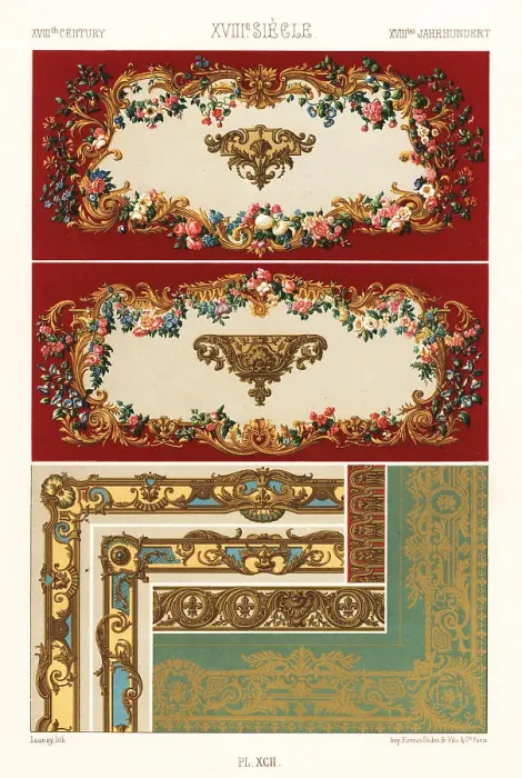 Framed Print : Tapestry, bindings and woodwork, 18th century Framed Print : Tapestry, bindings and woodwork, 18th century