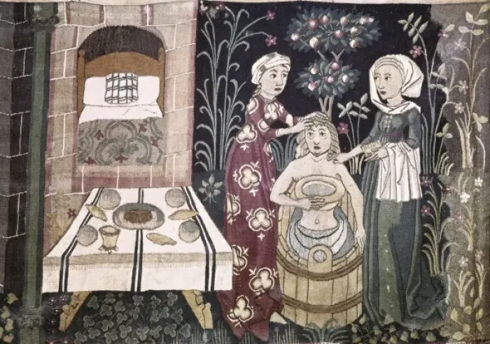Framed Print : Tapestry depicting a bath scene of the Prodigal Framed Print : Tapestry depicting a bath scene of the Prodigal