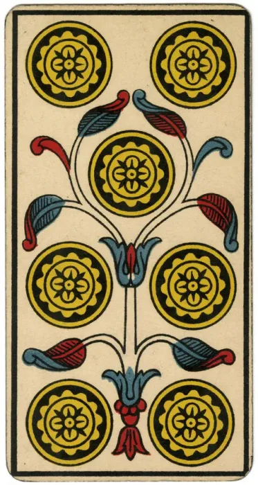 Framed Print : Tarot Card - Deniers (Coins) VII Framed Print : Tarot Card - Deniers (Coins) VII