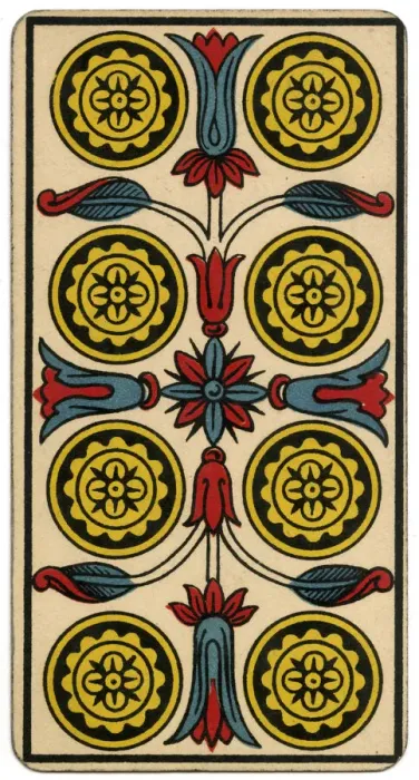 Framed Print : Tarot Card - Deniers (Coins) VIII Framed Print : Tarot Card - Deniers (Coins) VIII