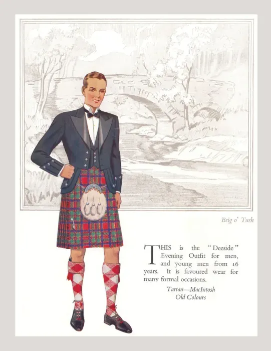 Framed Print : Tartan MacIntosh, standing in front of Brig o Turk. Artist: Anon. Date: circa 1930 Framed Print : Tartan MacIntosh, standing in front of Brig o Turk. Artist: Anon. Date: circa 1930