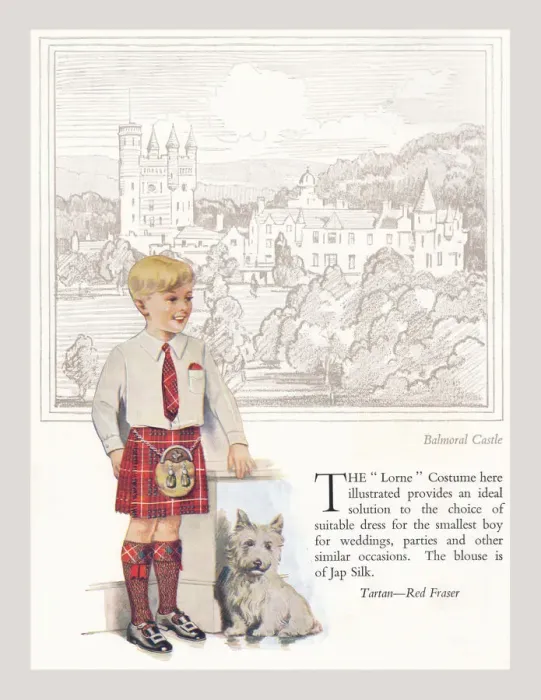 Framed Print : Tartan Red Fraser, standing in front of Balmoral Castle. Artist: Anon. Date: circa 1930 Framed Print : Tartan Red Fraser, standing in front of Balmoral Castle. Artist: Anon. Date: circa 1930