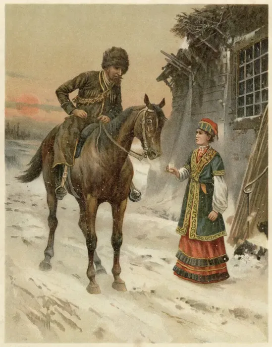 Framed Print : A Tartar on horseback halts in the snow at sunset for a warming drink Date Framed Print : A Tartar on horseback halts in the snow at sunset for a warming drink Date