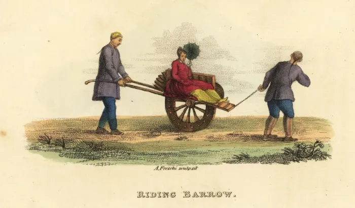 Framed Print : Tartar woman riding on a one-wheel barrow drawn by servants Framed Print : Tartar woman riding on a one-wheel barrow drawn by servants