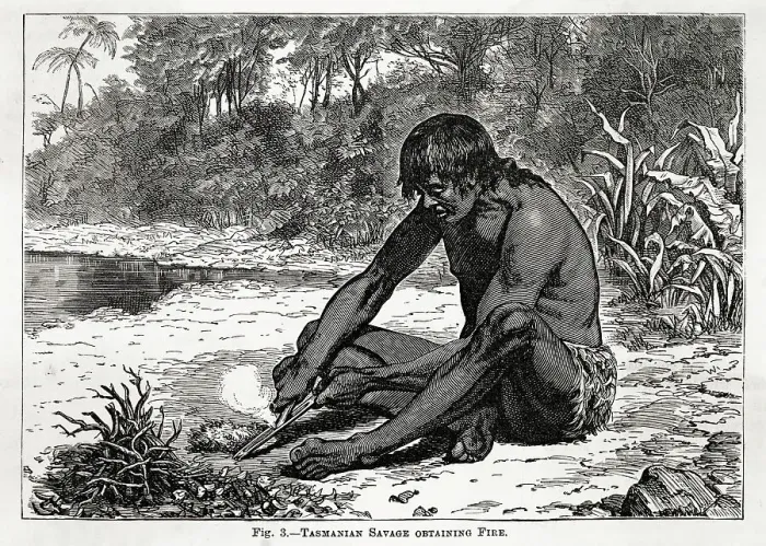 Framed Print : A Tasmanian native obtaining fire by rubbing two sticks together Date: 1860s Framed Print : A Tasmanian native obtaining fire by rubbing two sticks together Date: 1860s