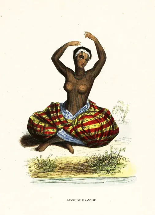 Framed Print : Tattooed and bare-breasted young woman dancing a hula, Maui, Haw Framed Print : Tattooed and bare-breasted young woman dancing a hula, Maui, Haw