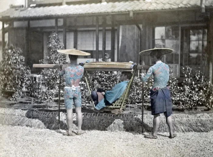 Framed Print : Tattooed bearers and a carrying chair, Japan, circa 1870s. Date: circa 1870s Framed Print : Tattooed bearers and a carrying chair, Japan, circa 1870s. Date: circa 1870s