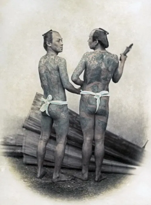 Framed Print : Tattooed men, Japan, circa 1870s Framed Print : Tattooed men, Japan, circa 1870s