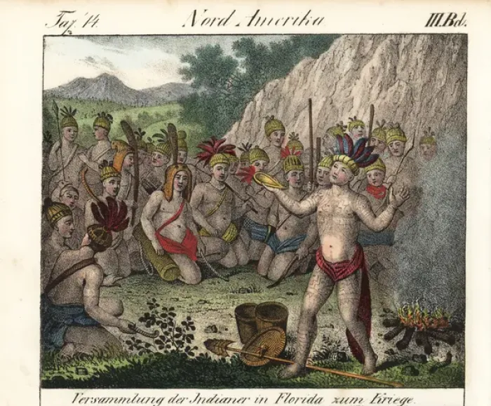 Framed Print : Tattooed native warriors in a war party, Florida, America Framed Print : Tattooed native warriors in a war party, Florida, America