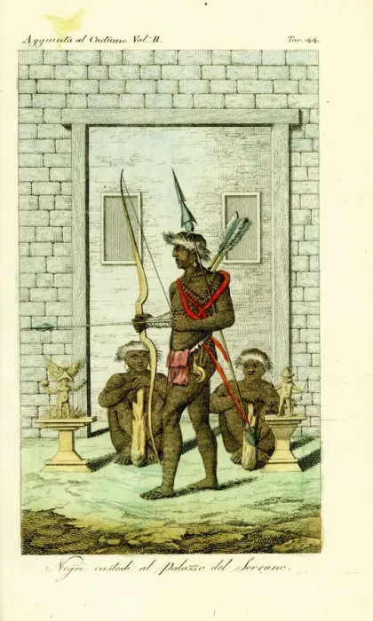 Framed Print : Tattooed or scarified guards at the door to Framed Print : Tattooed or scarified guards at the door to