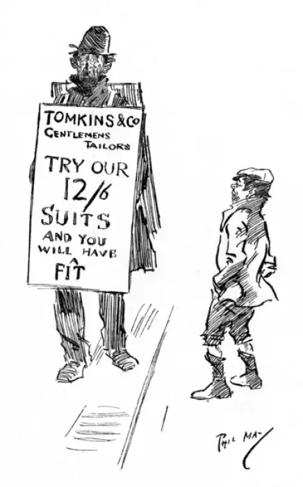 Framed Print : Very tatty sandwichboard man advertises smart Gents suits Framed Print : Very tatty sandwichboard man advertises smart Gents suits