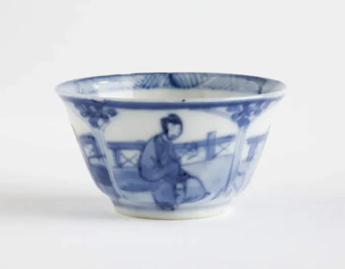 Framed Print : Tea bowl. Porcelain tea bowl decorated in underglaze blue with four petal-shaped Framed Print : Tea bowl. Porcelain tea bowl decorated in underglaze blue with four petal-shaped
