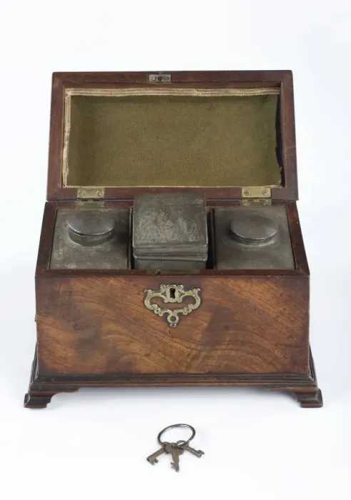Framed Print : Tea caddy made from mahogany, containing three pewter canisters Framed Print : Tea caddy made from mahogany, containing three pewter canisters