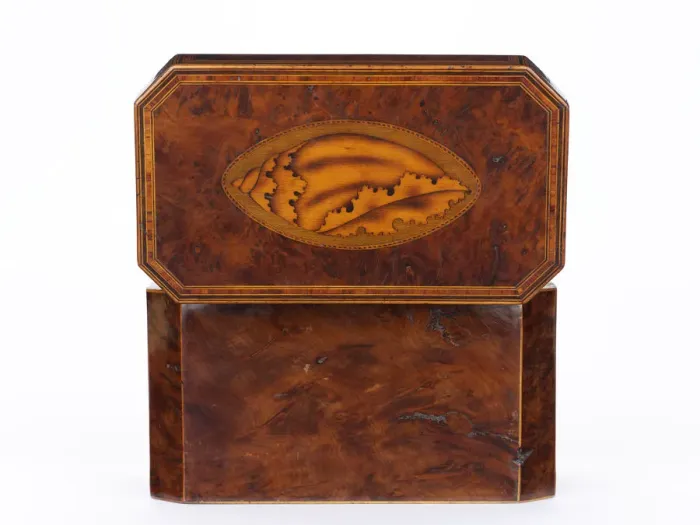 Framed Print : Tea caddy. Burr yew tea caddy of rectangular form with canted corners Framed Print : Tea caddy. Burr yew tea caddy of rectangular form with canted corners