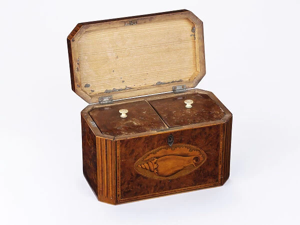Tea caddy. Burr yew tea caddy of rectangular form with canted corners 
