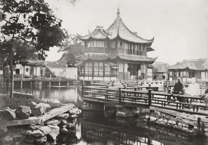 Framed Print : Tea house and wooden bridge, Shanghai, China Framed Print : Tea house and wooden bridge, Shanghai, China