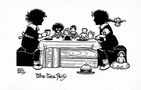 Tea party. The tea party. Silhouette. Children and their dolls having tea