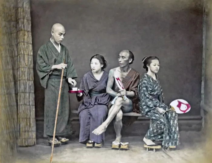 Framed Print : Tea for pilgrims, Japan, circa 1880s - Studio tableau Framed Print : Tea for pilgrims, Japan, circa 1880s - Studio tableau