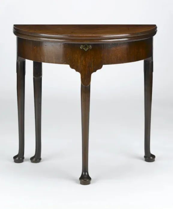 Framed Print : Tea table. Mahogany tea table with a folding half-round top, on turned Framed Print : Tea table. Mahogany tea table with a folding half-round top, on turned