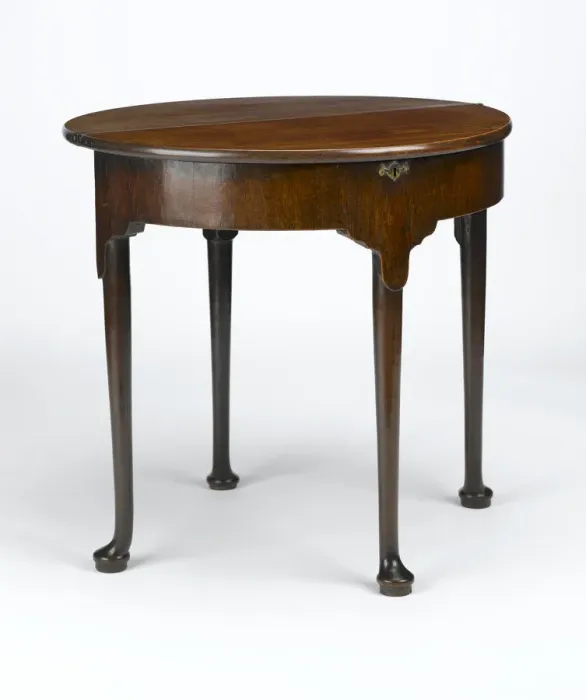 Framed Print : Tea table. Mahogany tea table with a folding half-round top, on turned Framed Print : Tea table. Mahogany tea table with a folding half-round top, on turned