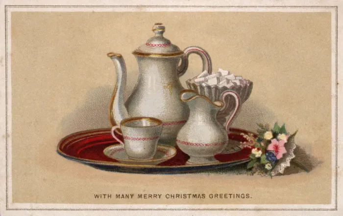 Framed Print : Tea Tray and a bunch of Flowers - Christmas Greetings Card