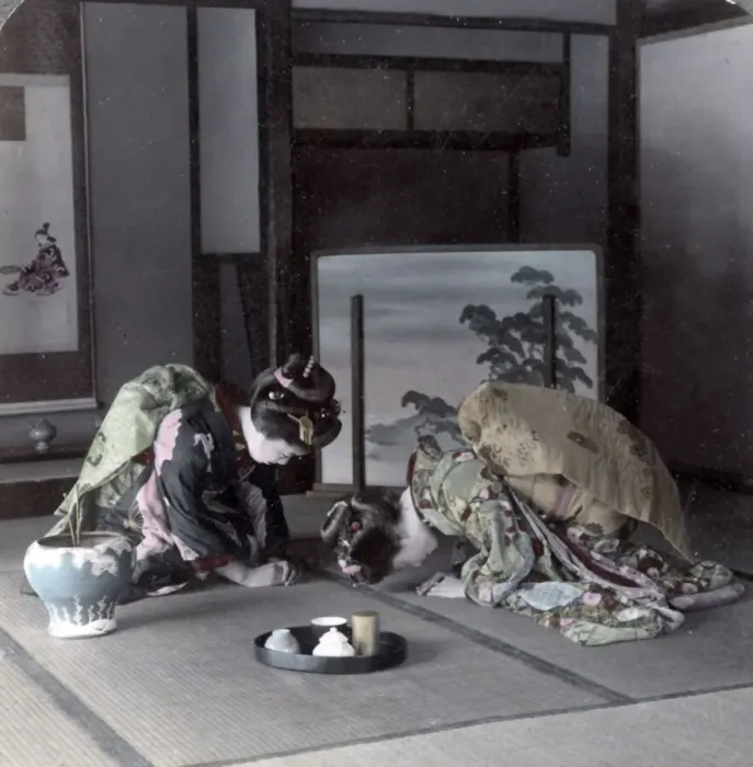 Framed Print : Teahouse geishas, formal greeting, Japan, c. 1900 Framed Print : Teahouse geishas, formal greeting, Japan, c. 1900