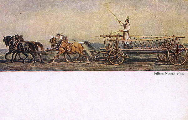 Team of four horses pulling a large empty wagon