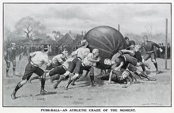 Two teams with eight players pushing a enormous 6 ft ball made from nine hides of horses
