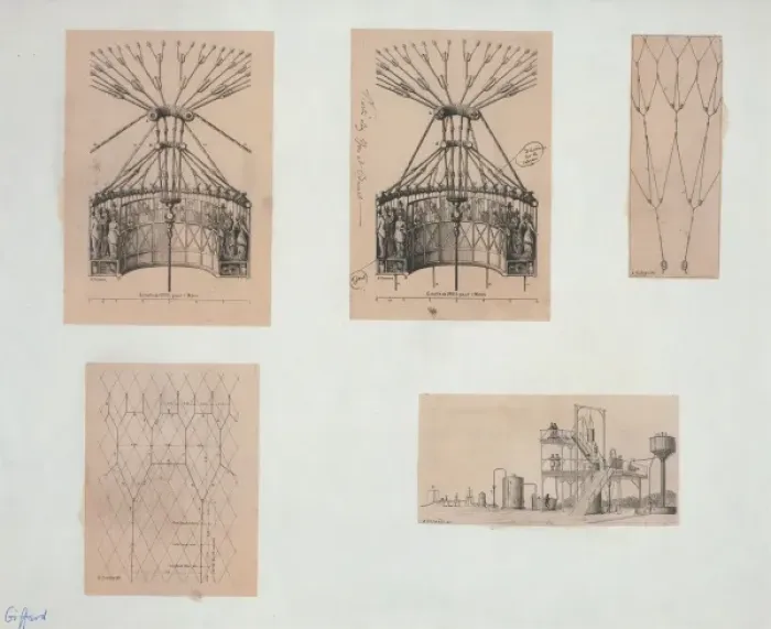 Framed Print : Five technical illustrations show network of ropes and appar Framed Print : Five technical illustrations show network of ropes and appar