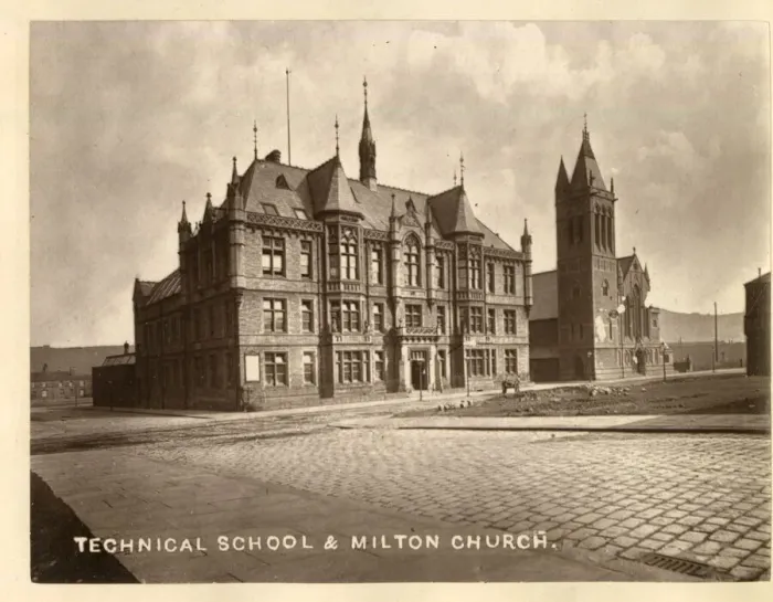 Framed Print : Technical School and Milton Church, Huddersfield Framed Print : Technical School and Milton Church, Huddersfield